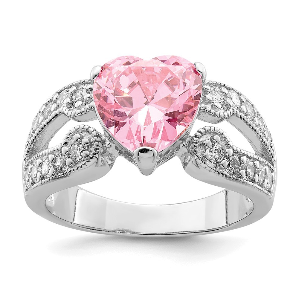 925 Sterling Silver Rhodium plated 10mm Clear CZ and Pink Heart CZ Ring